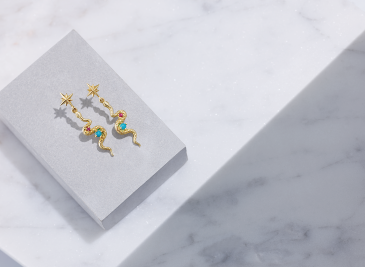 14K Gold Snake Earrings with Turquoise & Ruby