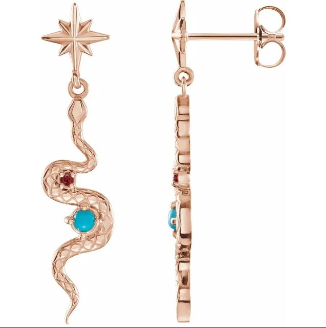 14K Gold Snake Earrings with Turquoise & Ruby