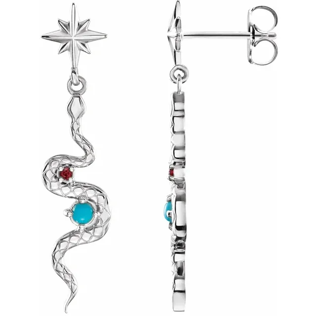 14K Gold Snake Earrings with Turquoise & Ruby