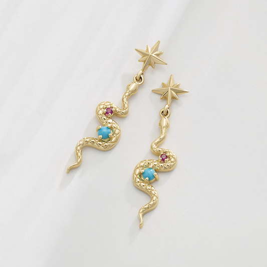 14K Gold Snake Earrings with Turquoise & Ruby